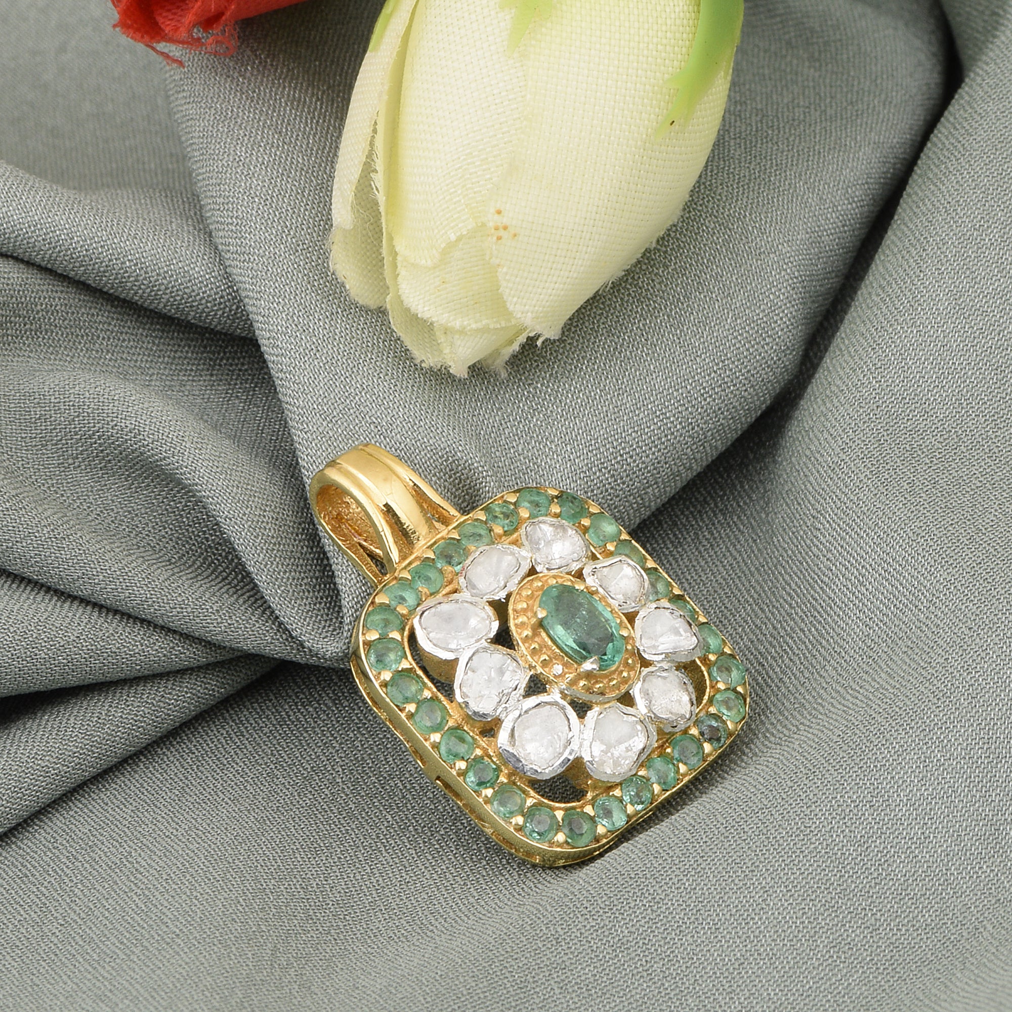 0.50 CTW Diamond Polki Emerald Square Pendant