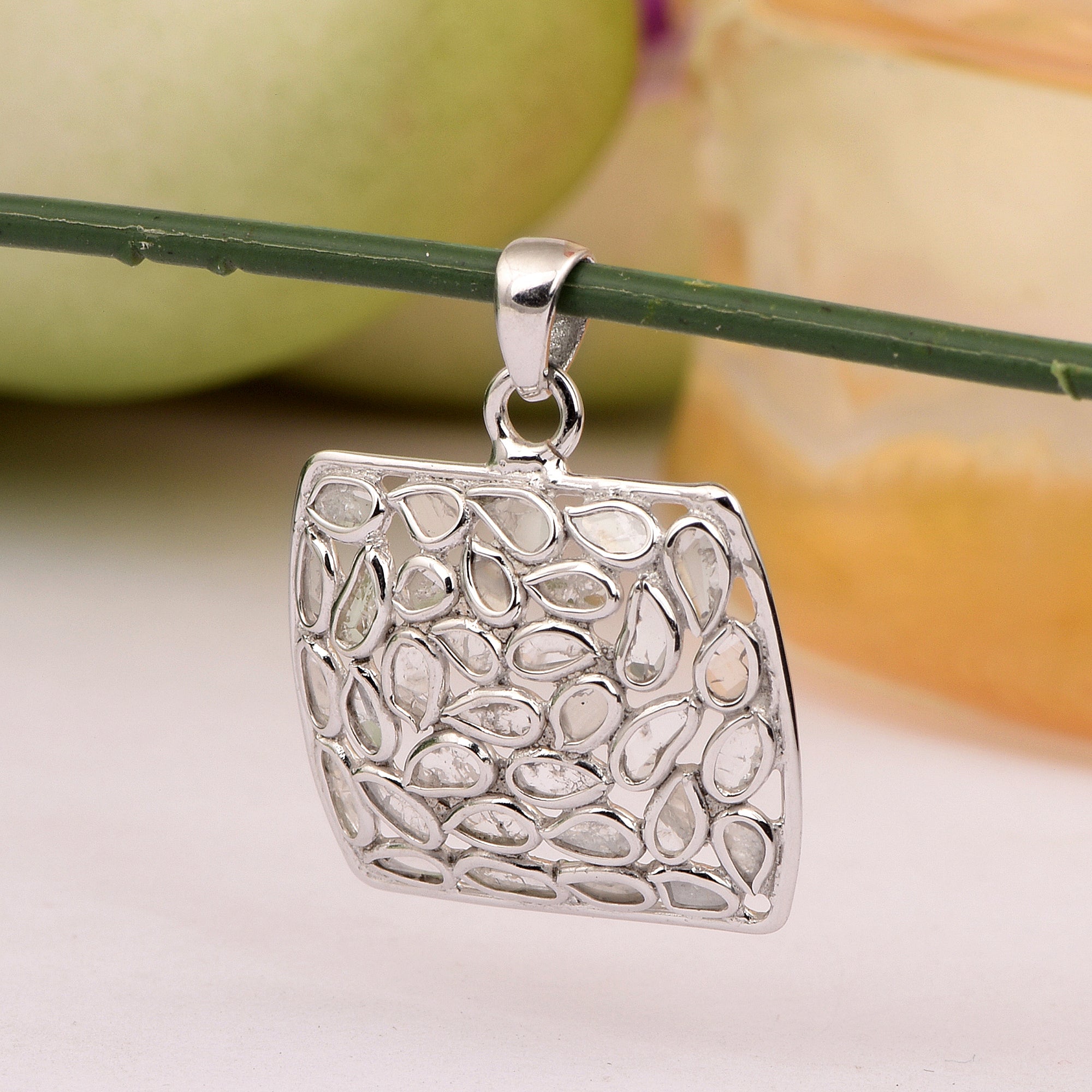 1.50 CTW Diamond Polki Rectangle Shape Pendant