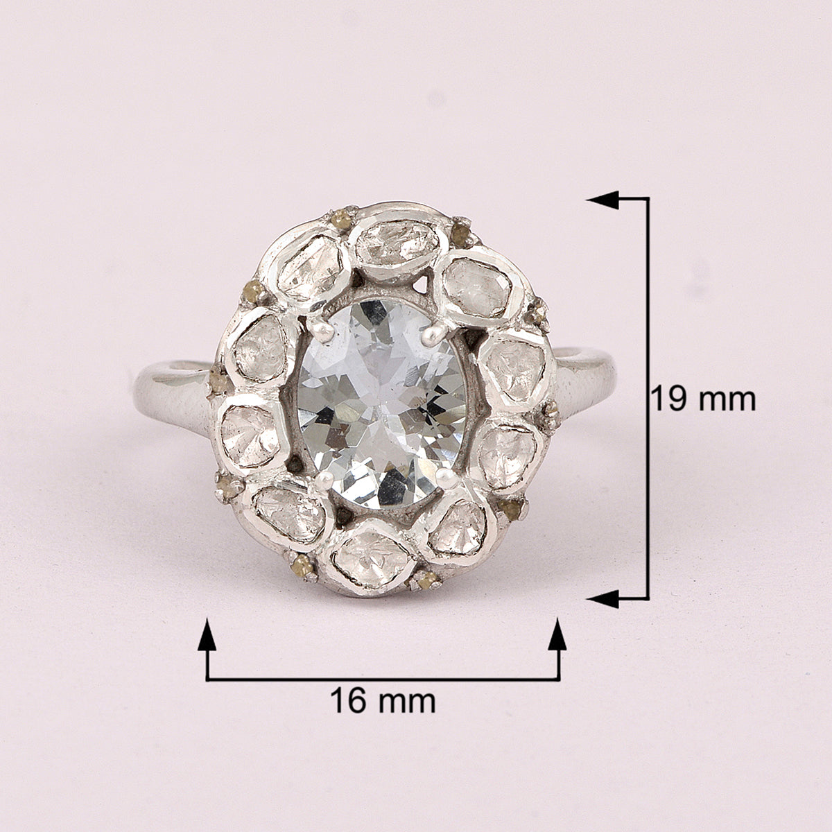 3.50 Ctw Aquamarine Oval Polki Diamond Floral Ring