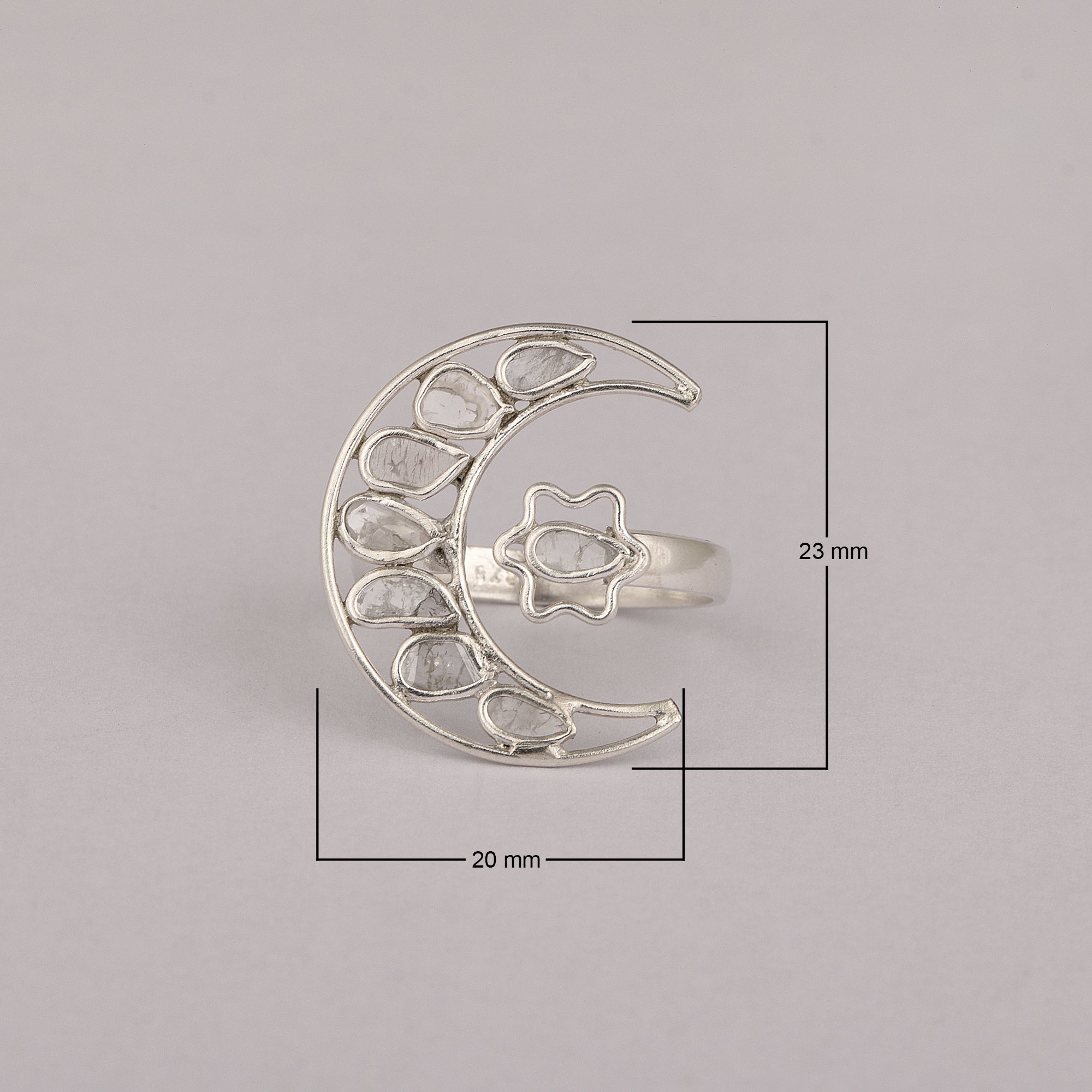 0.35 CTW Indian Artisan Crafted Polki Diamond Moon Star Ring 925 Sterling Silver Platinum Plated