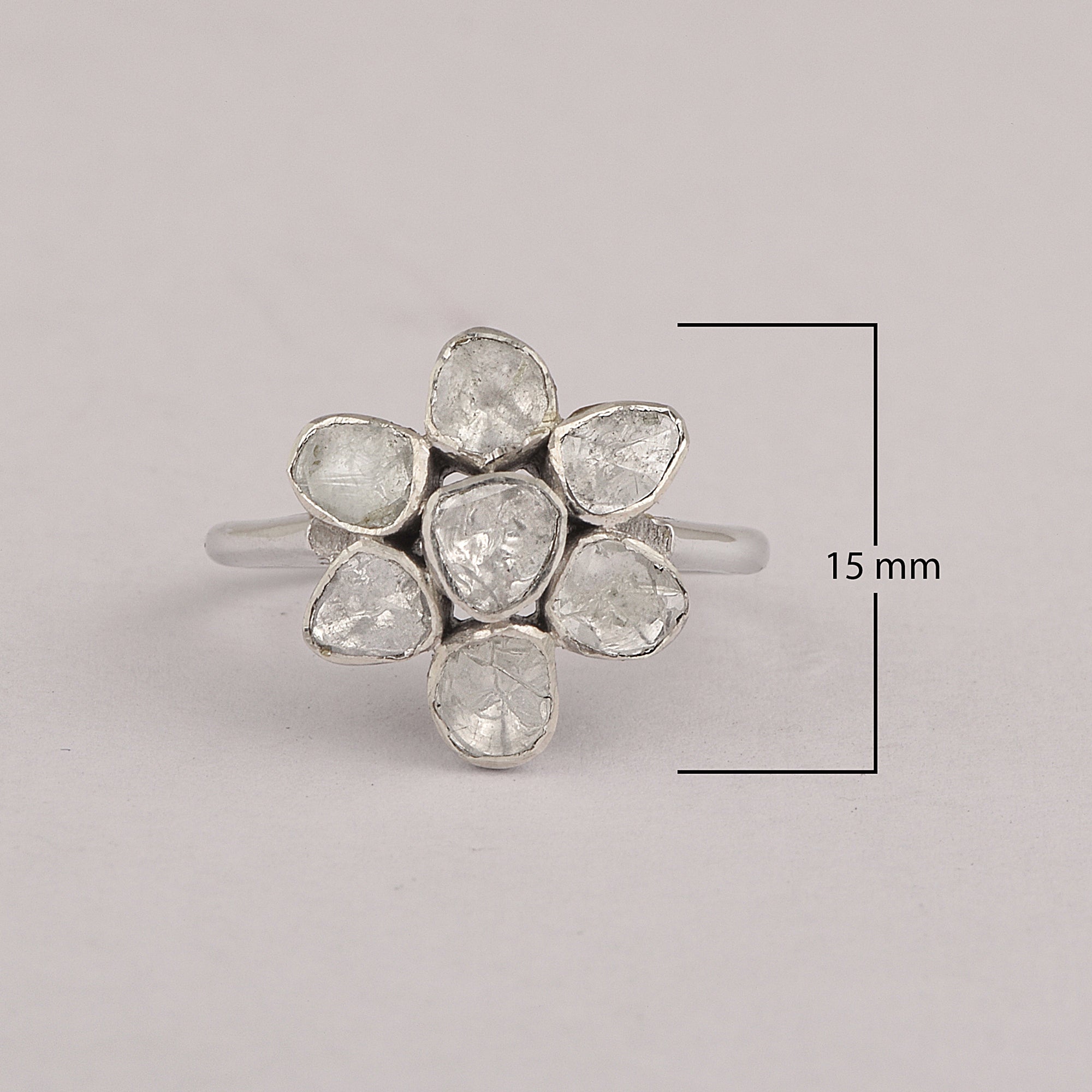 0.50 CTW Polki Diamond Floral 925 Sterling Silver Ring