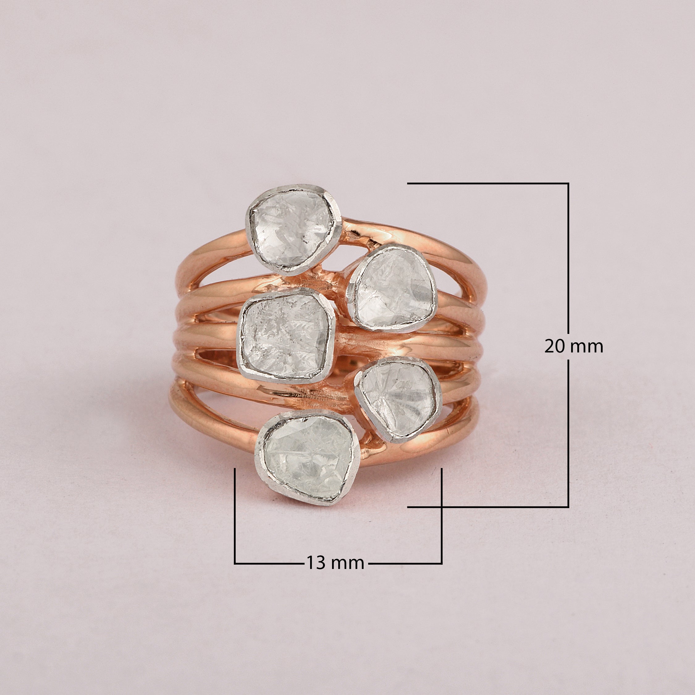 1.00 CTW Natural Diamond Polki Multi Band Ring 925 Sterling Silver 14K Rose Gold Plated