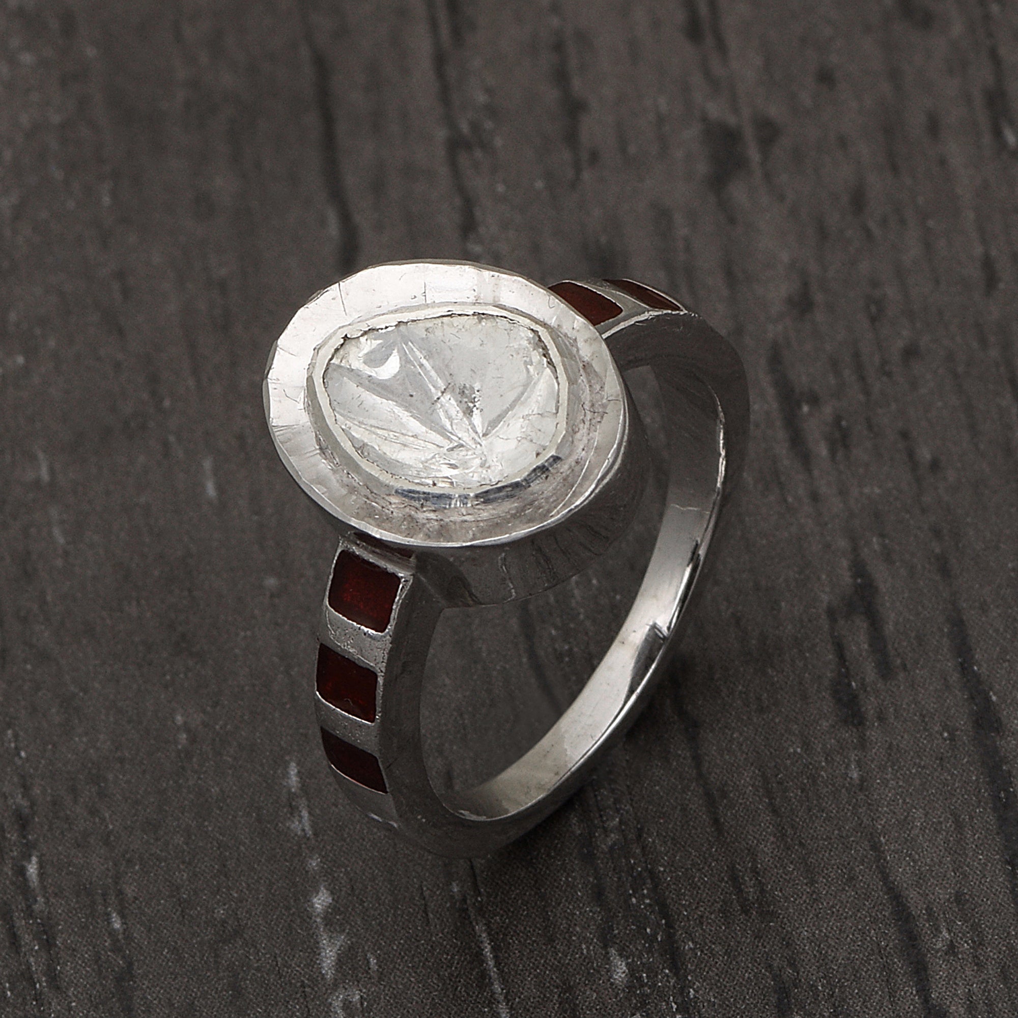 0.70 CTW Diamond Polki Red Enamel Ring