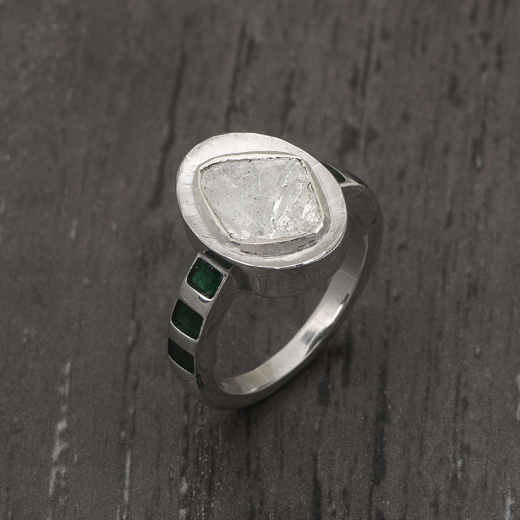 0.70 CTW Diamond Polki Green Enamel Ring