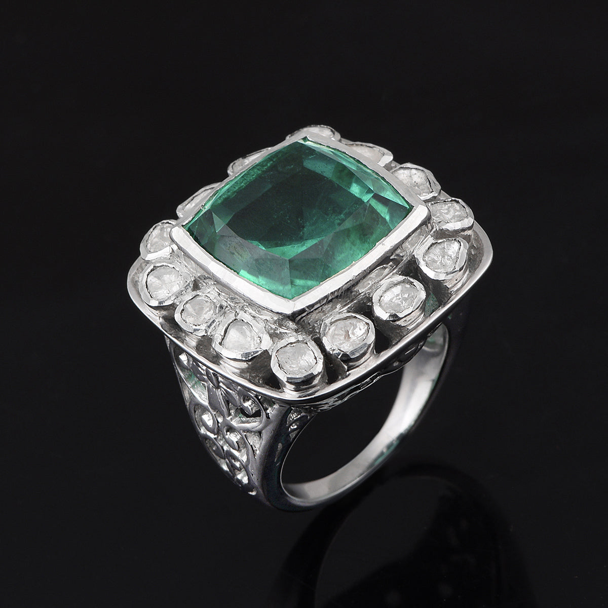 14 MM Cushion Cut Green Quartz Sterling Silver Solitaire Ring