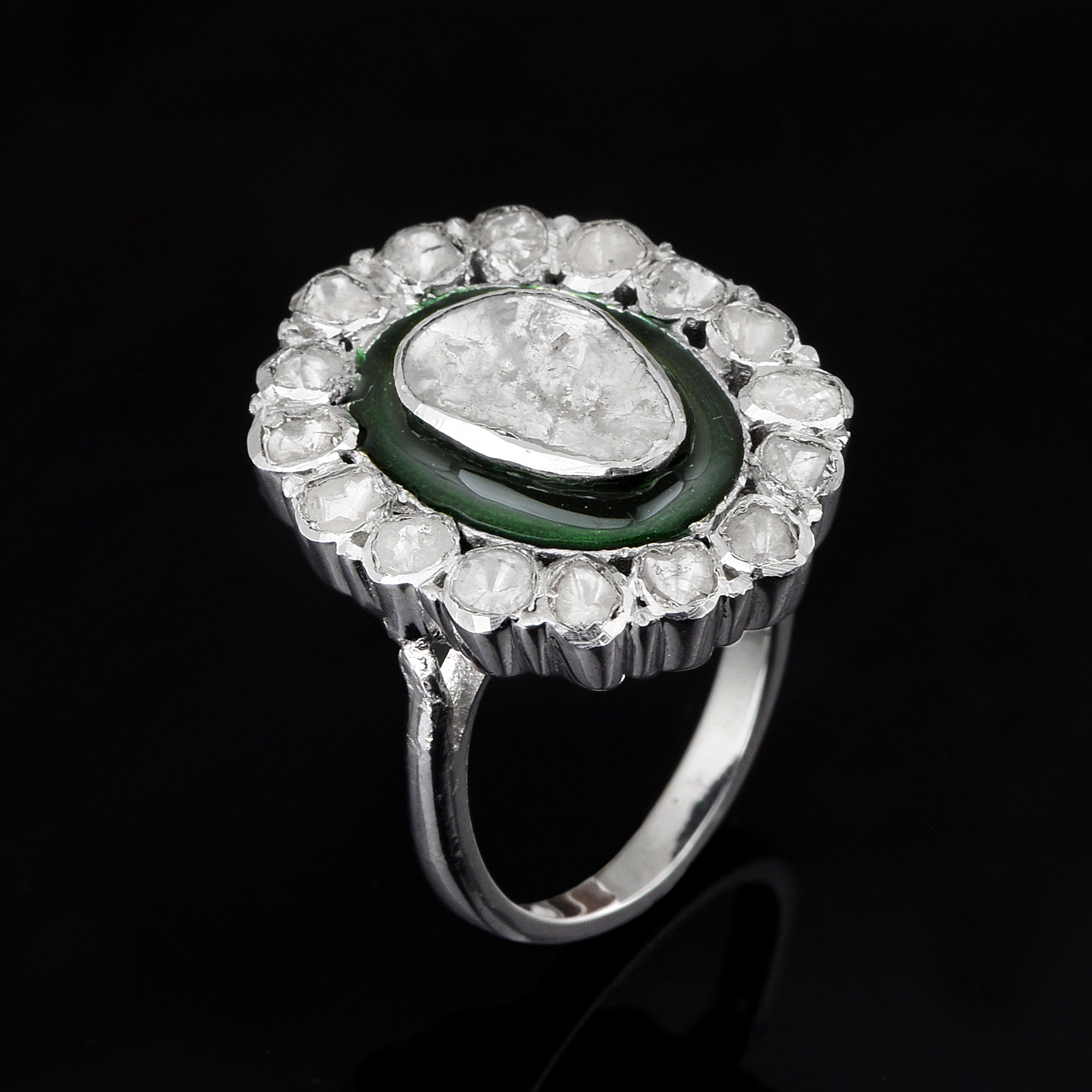 1.00 CTW Diamond Polki 925 Sterling Silver Green Enamel Engraved Cocktail Ring