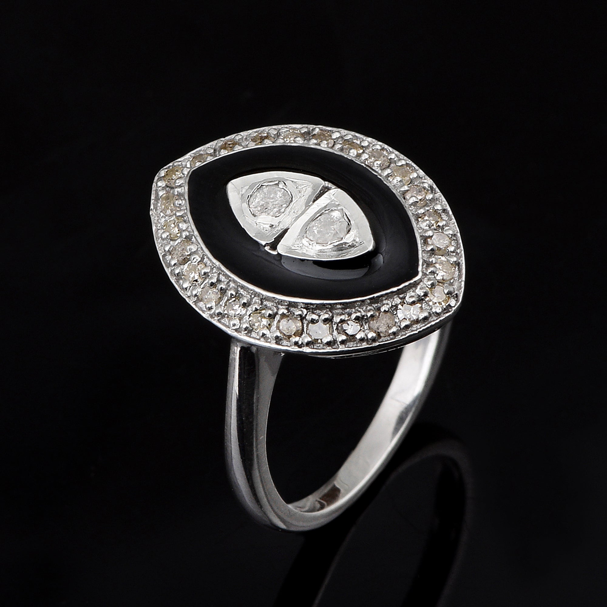 0.35 CTW Diamond Polki 925 Sterling Silver Black Enamel Cocktail Ring