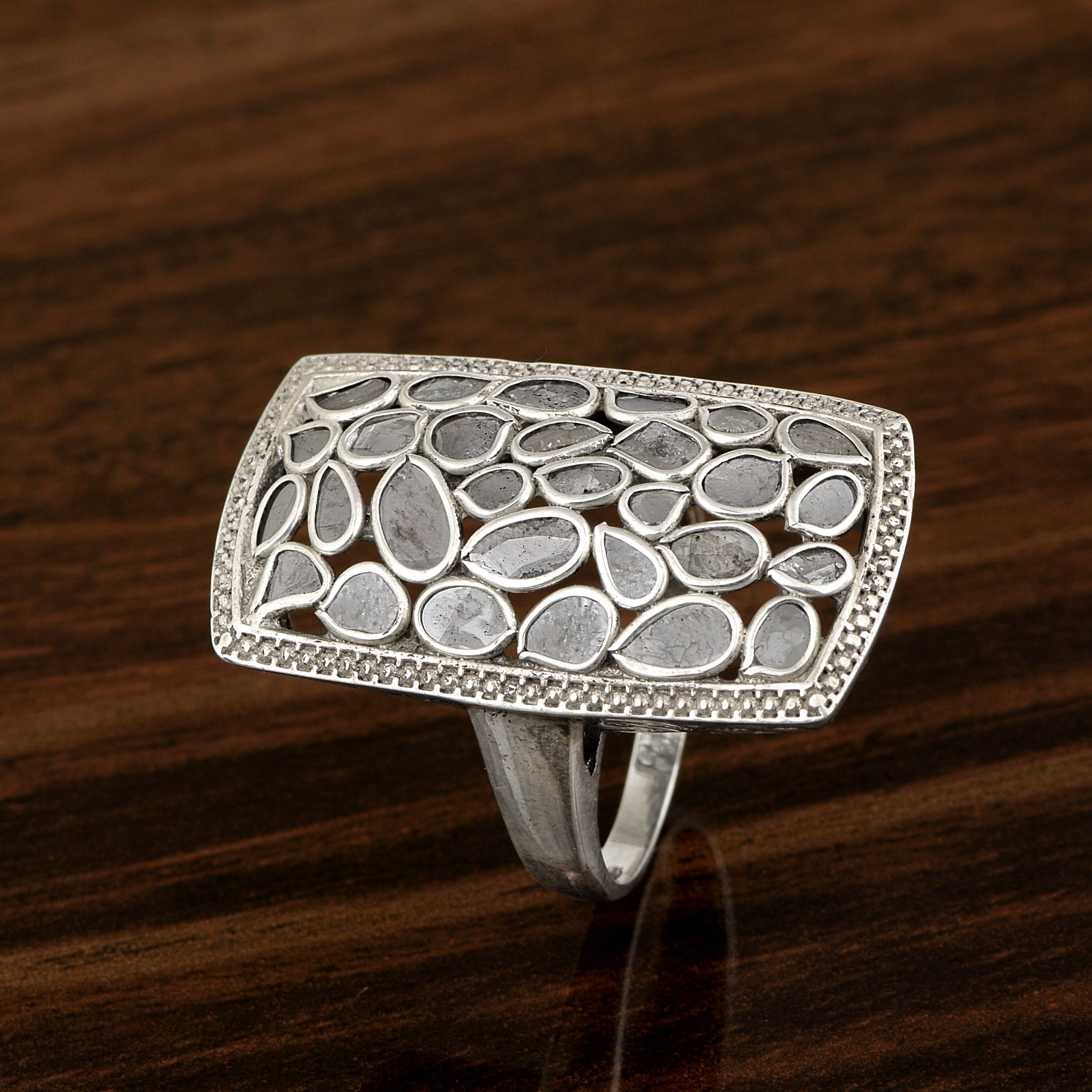 2.00 CTW Finest Natural Cluster Setting Diamond Polki Cocktail Handmade Ring