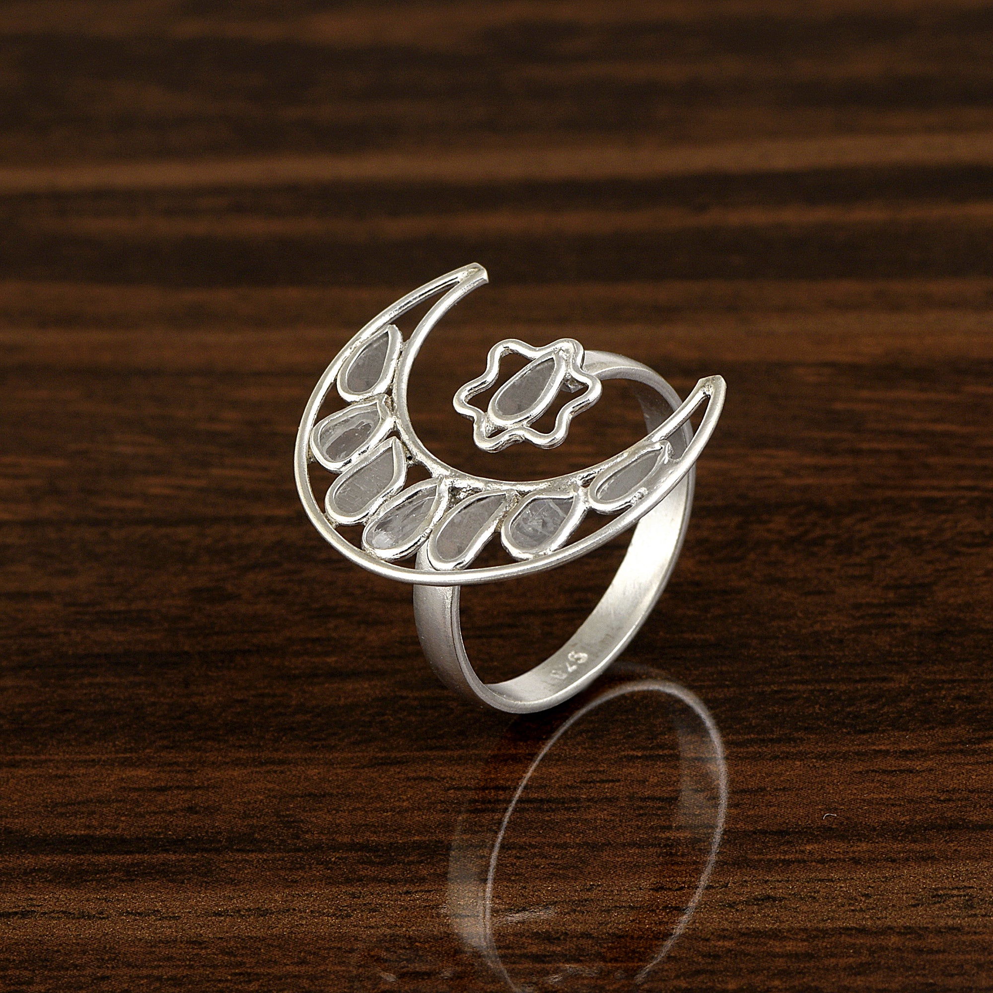 0.35 CTW Indian Artisan Crafted Polki Diamond Moon Star Ring 925 Sterling Silver Platinum Plated