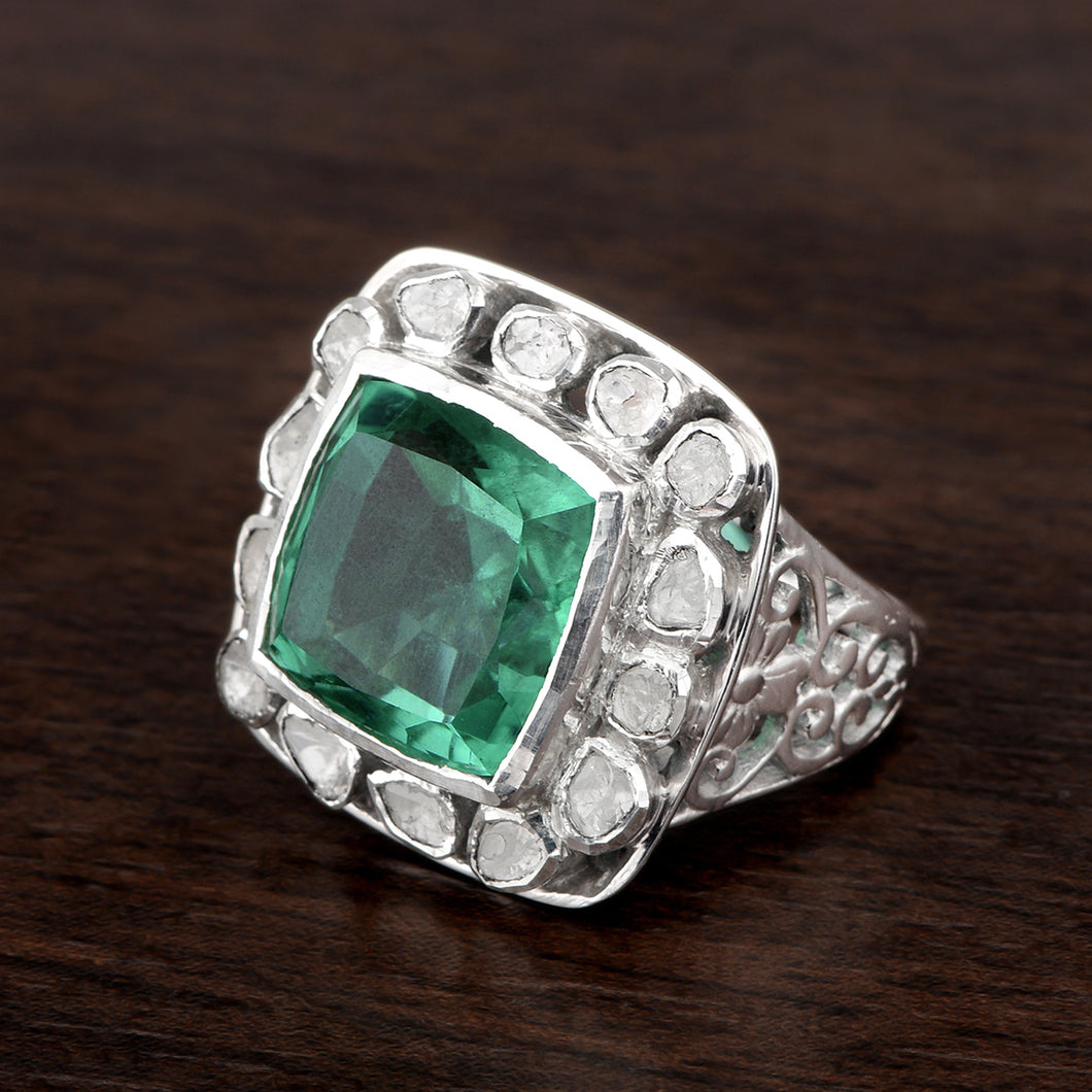 14 MM Cushion Cut Green Quartz Sterling Silver Solitaire Ring