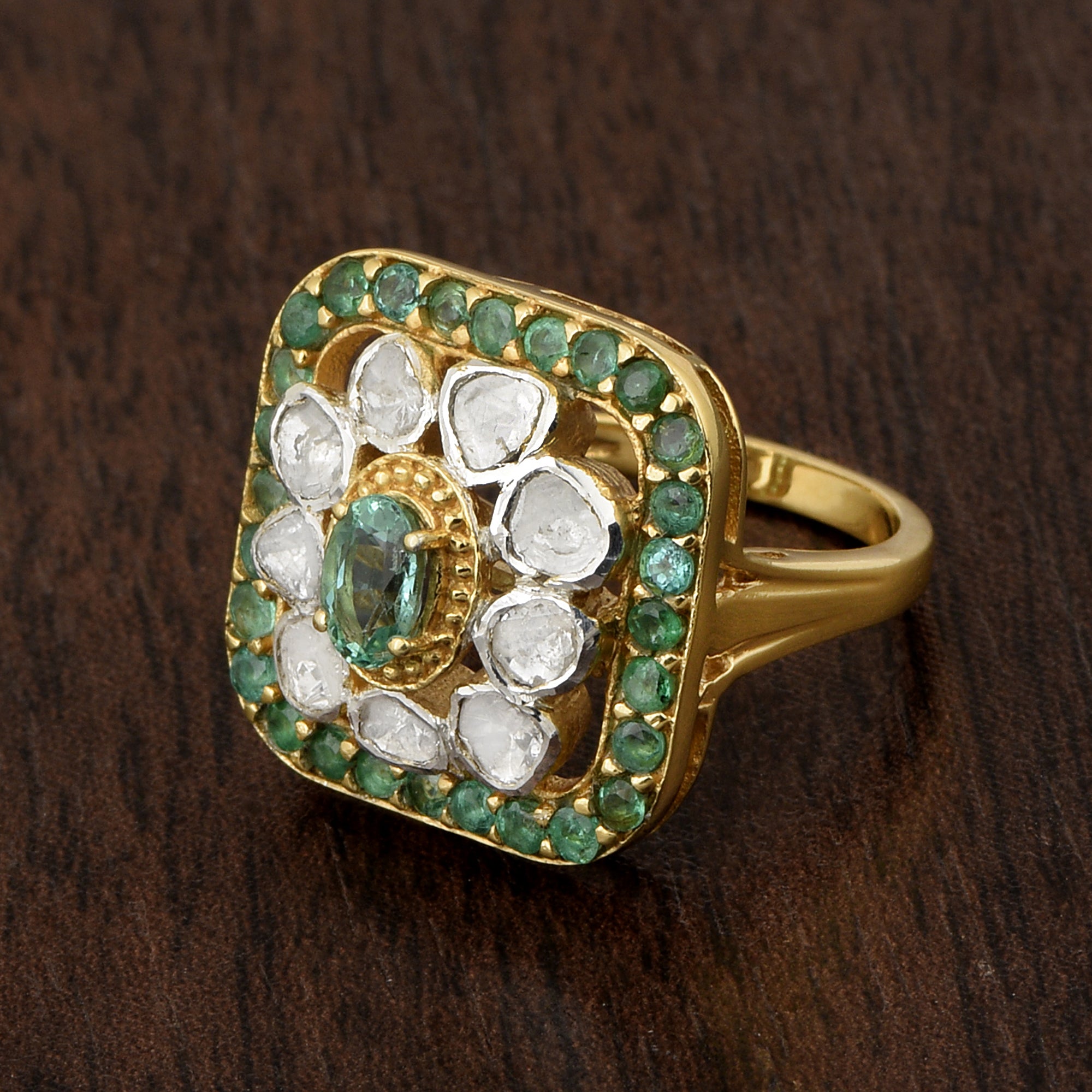 0.50 CTW Natural Diamond Polki Emerald Cocktail Ring
