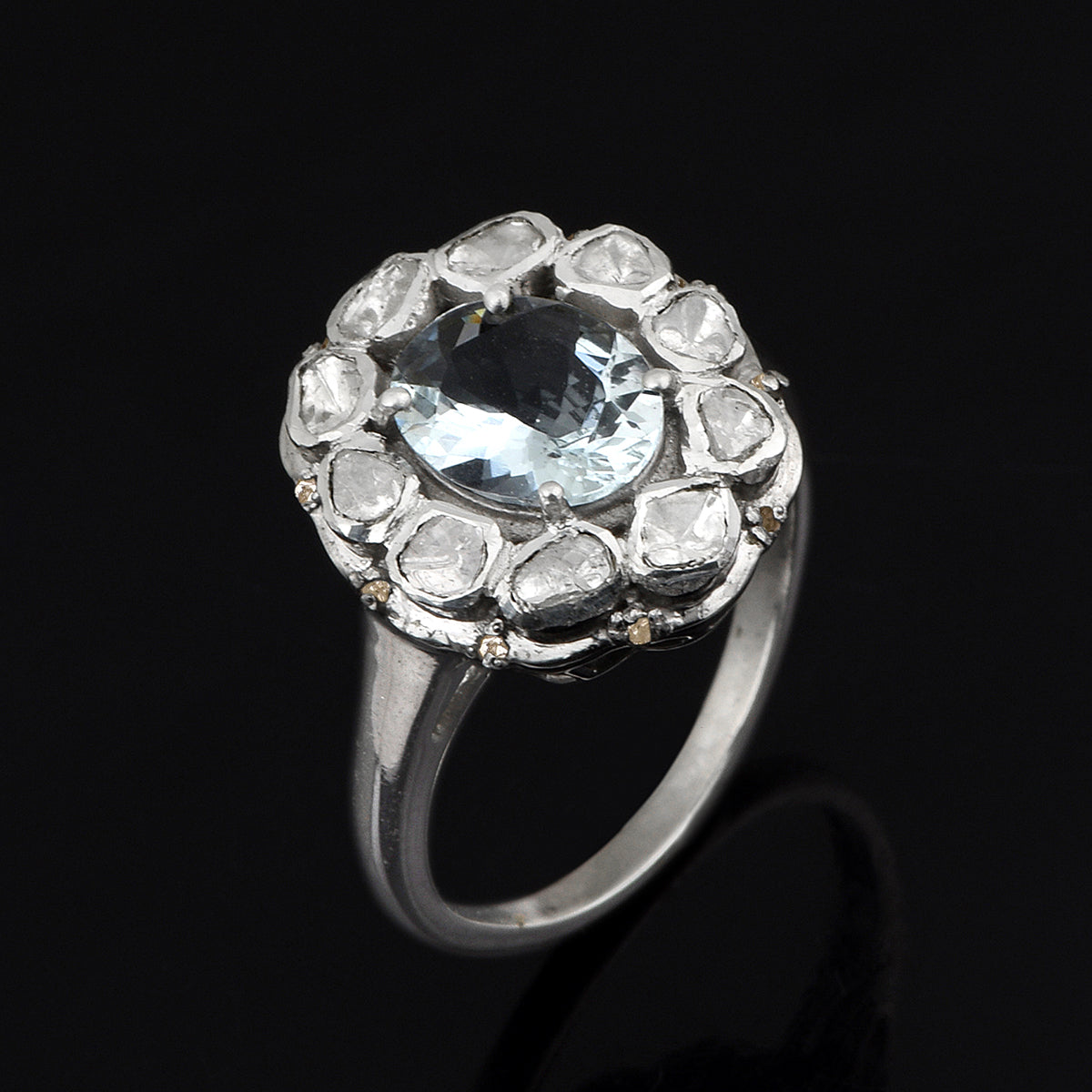 3.50 Ctw Aquamarine Oval Polki Diamond Floral Ring