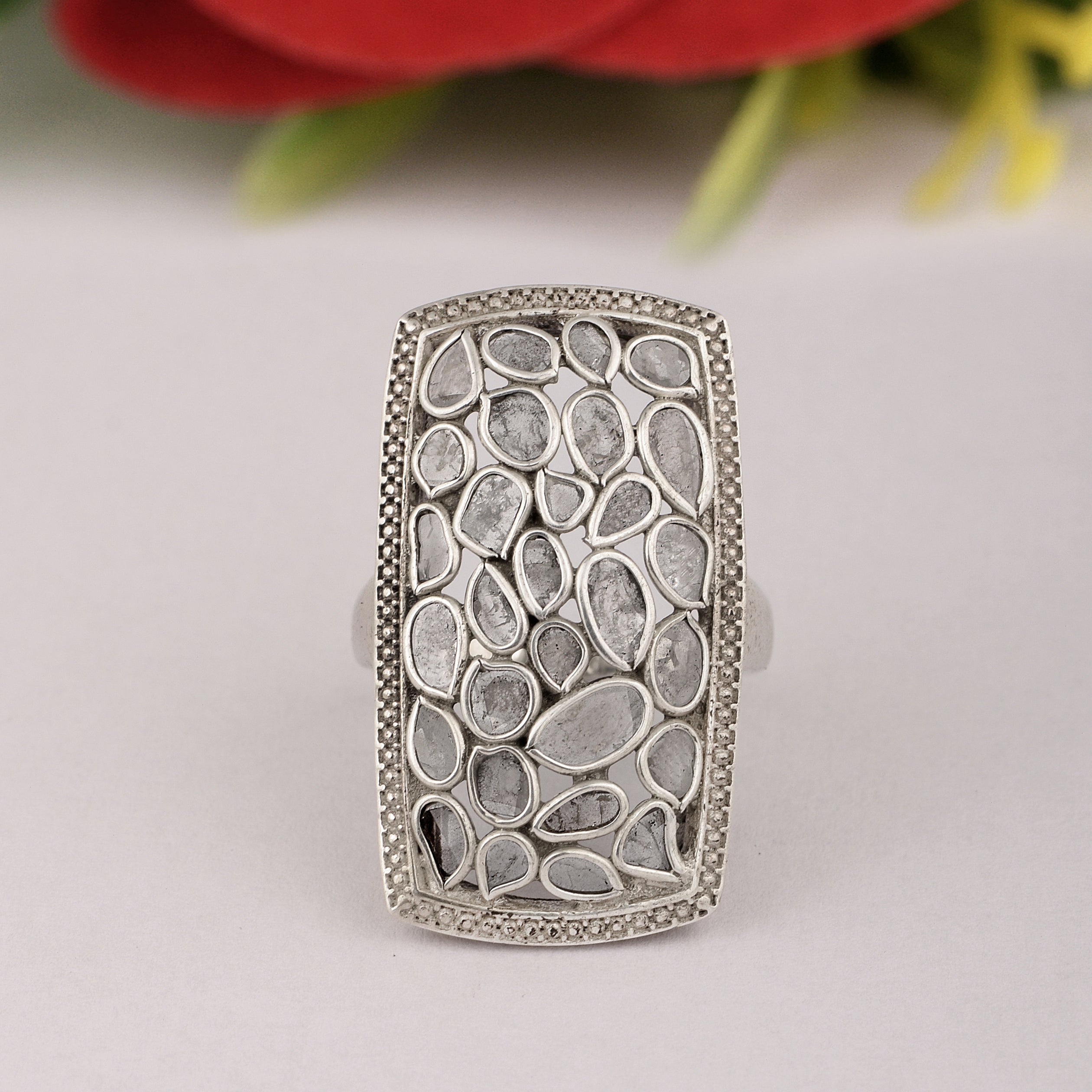 2.00 CTW Finest Natural Cluster Setting Diamond Polki Cocktail Handmade Ring