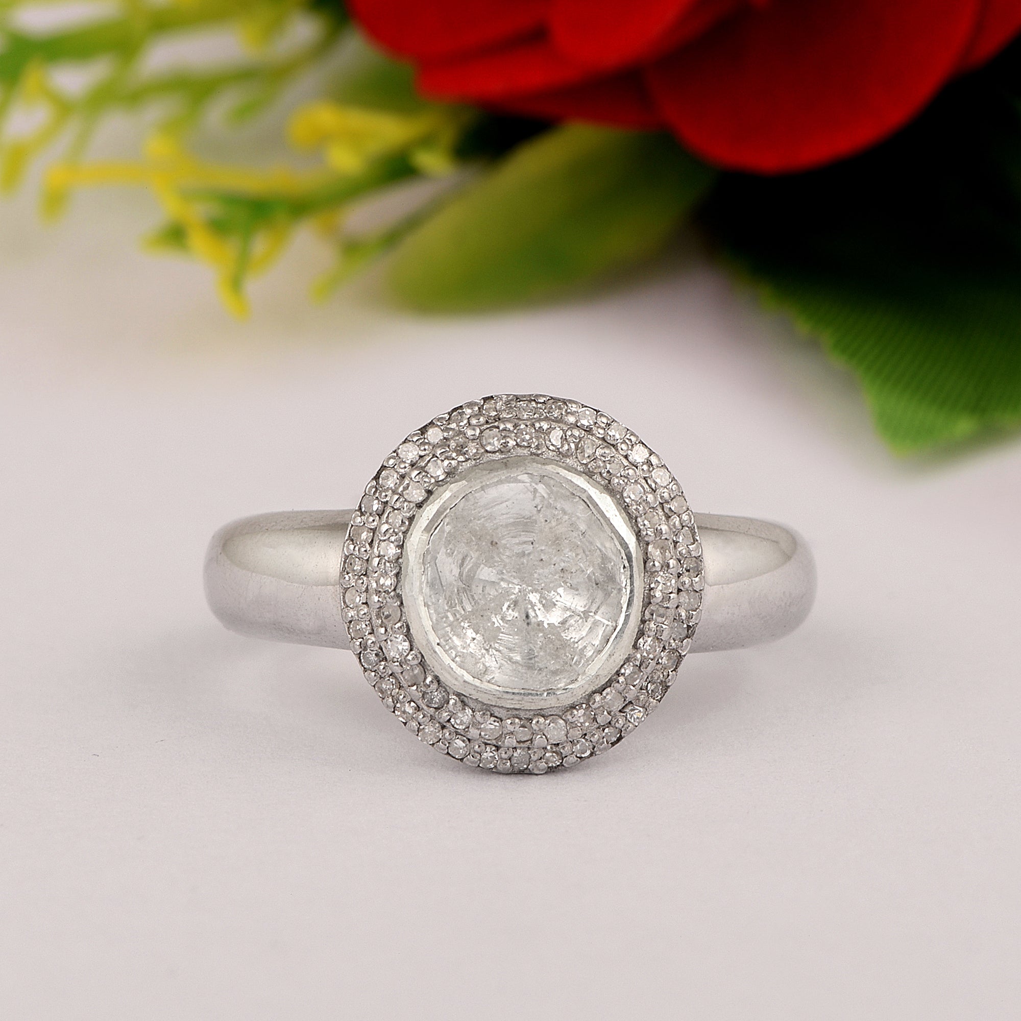 0.50 CTW Natural Slice Diamond Polki Solitaire Ring With Accents