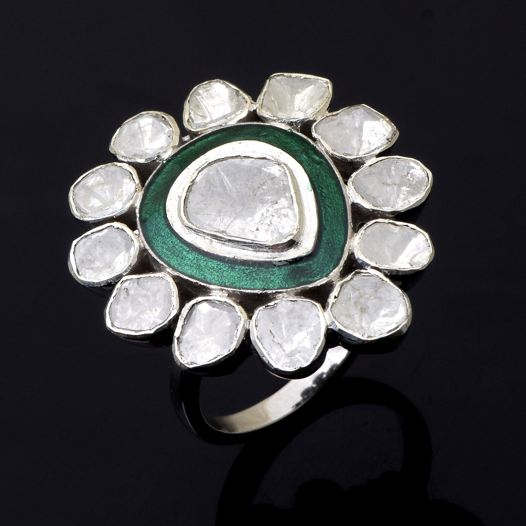 1.75 CTW Diamond Polki Green Enamel Solitaire Ring
