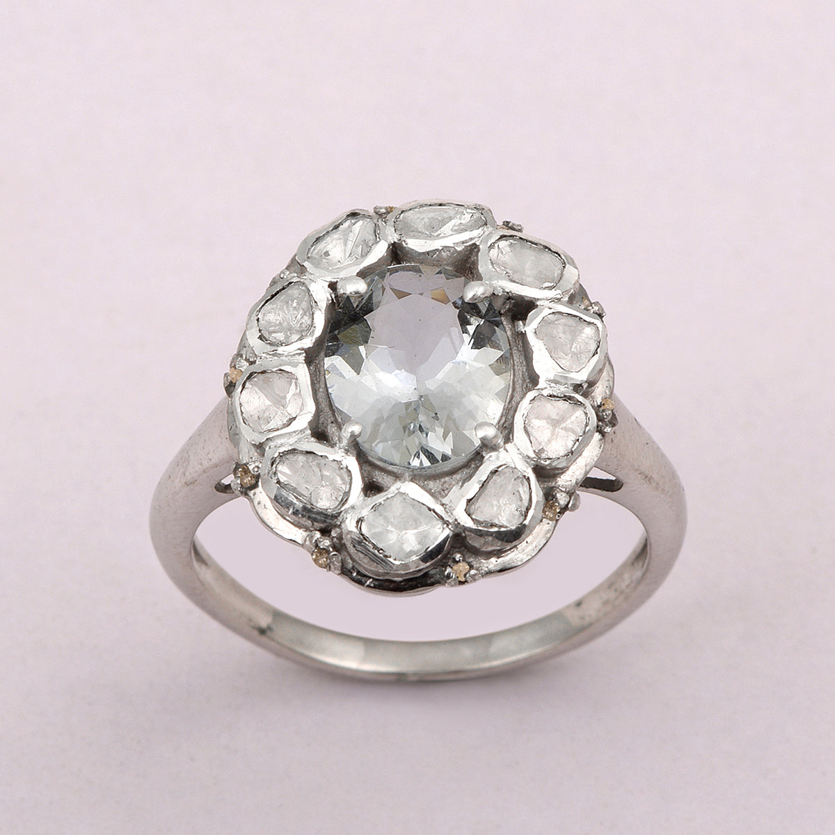 3.50 Ctw Aquamarine Oval Polki Diamond Floral Ring