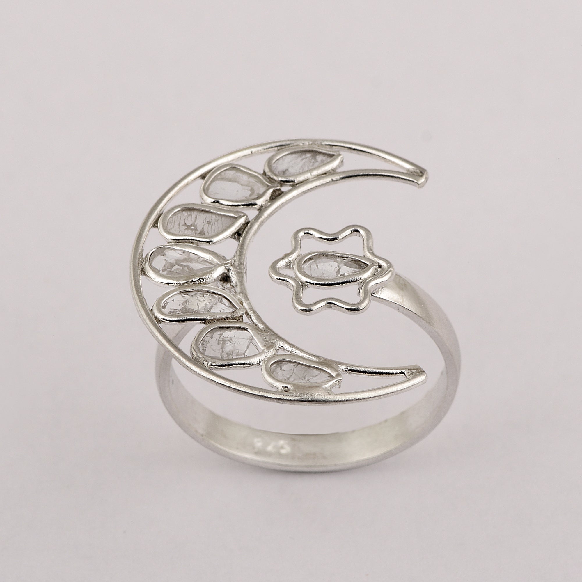 0.35 CTW Indian Artisan Crafted Polki Diamond Moon Star Ring 925 Sterling Silver Platinum Plated