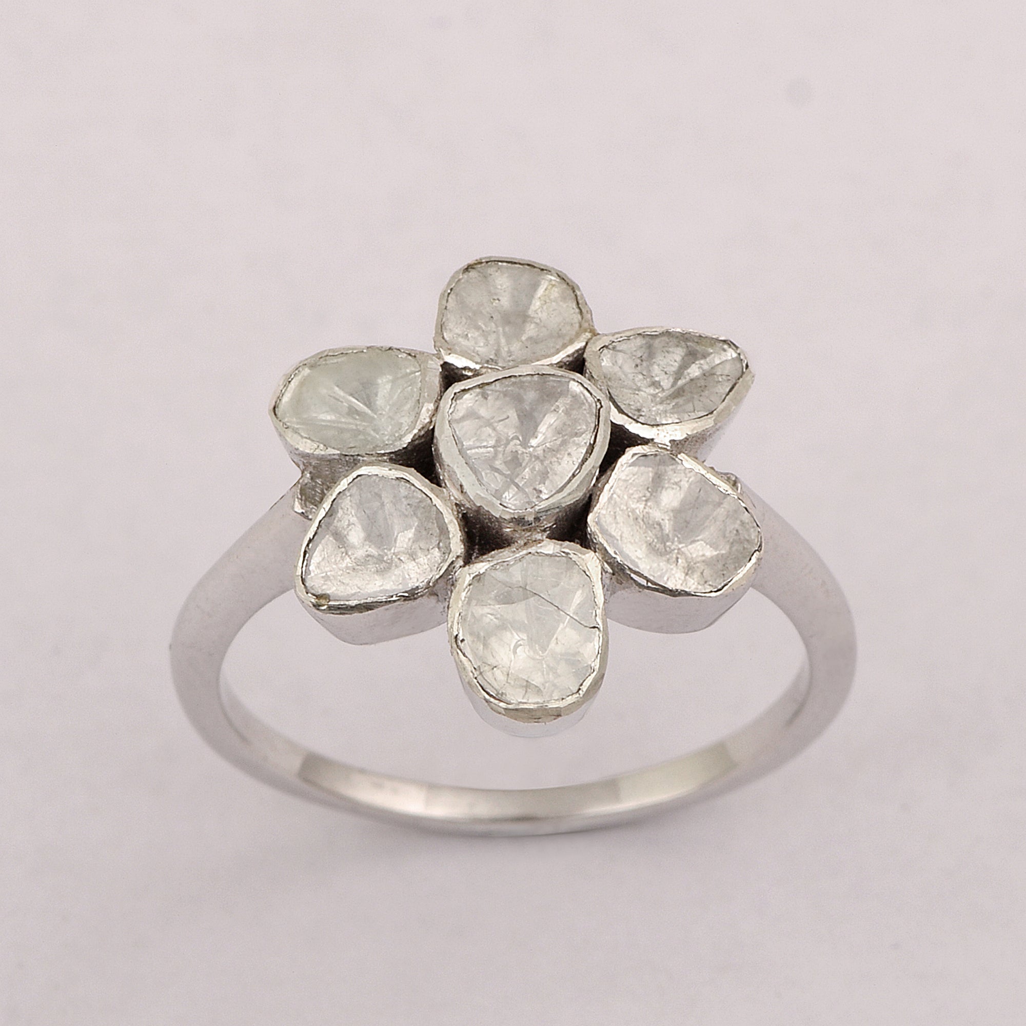 0.50 CTW Polki Diamond Floral 925 Sterling Silver Ring