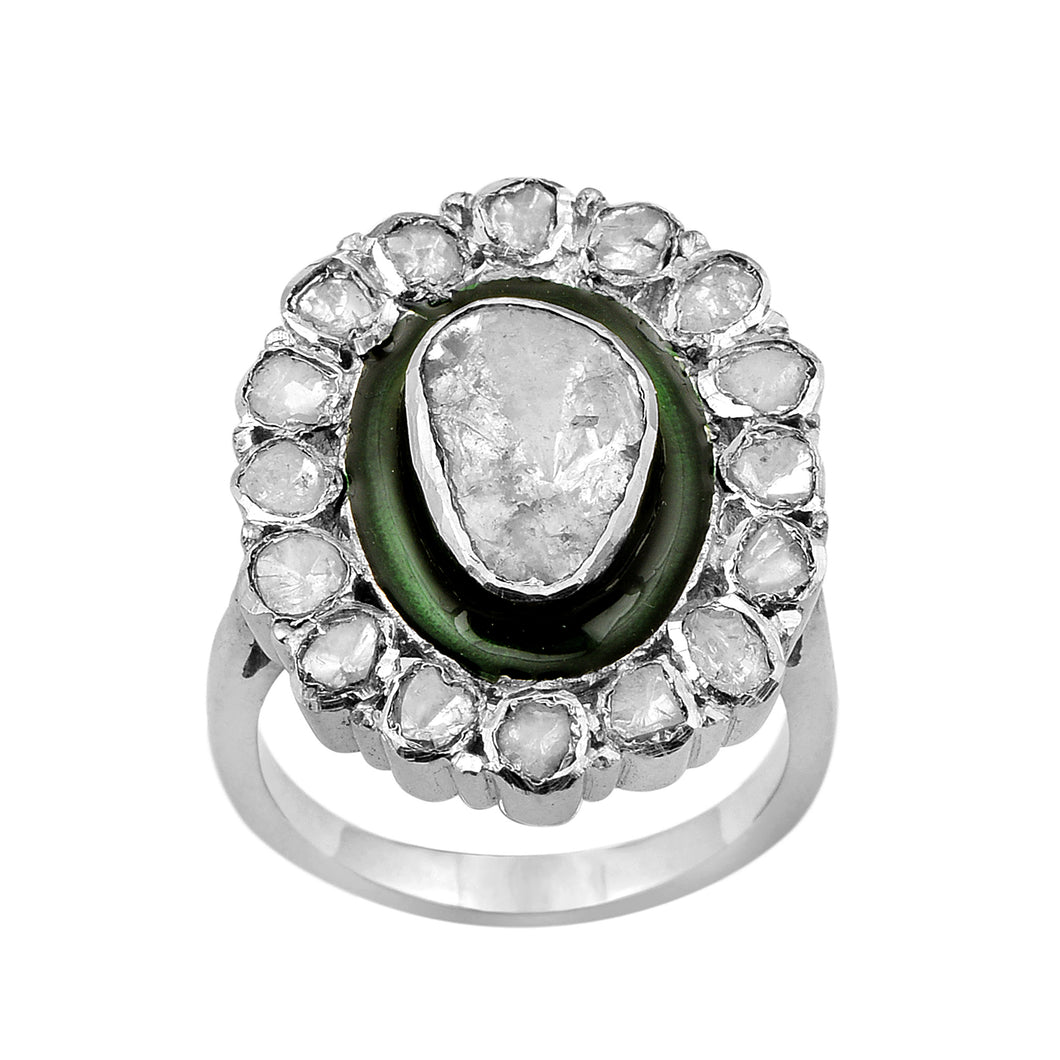 1.00 CTW Diamond Polki 925 Sterling Silver Green Enamel Engraved Cocktail Ring