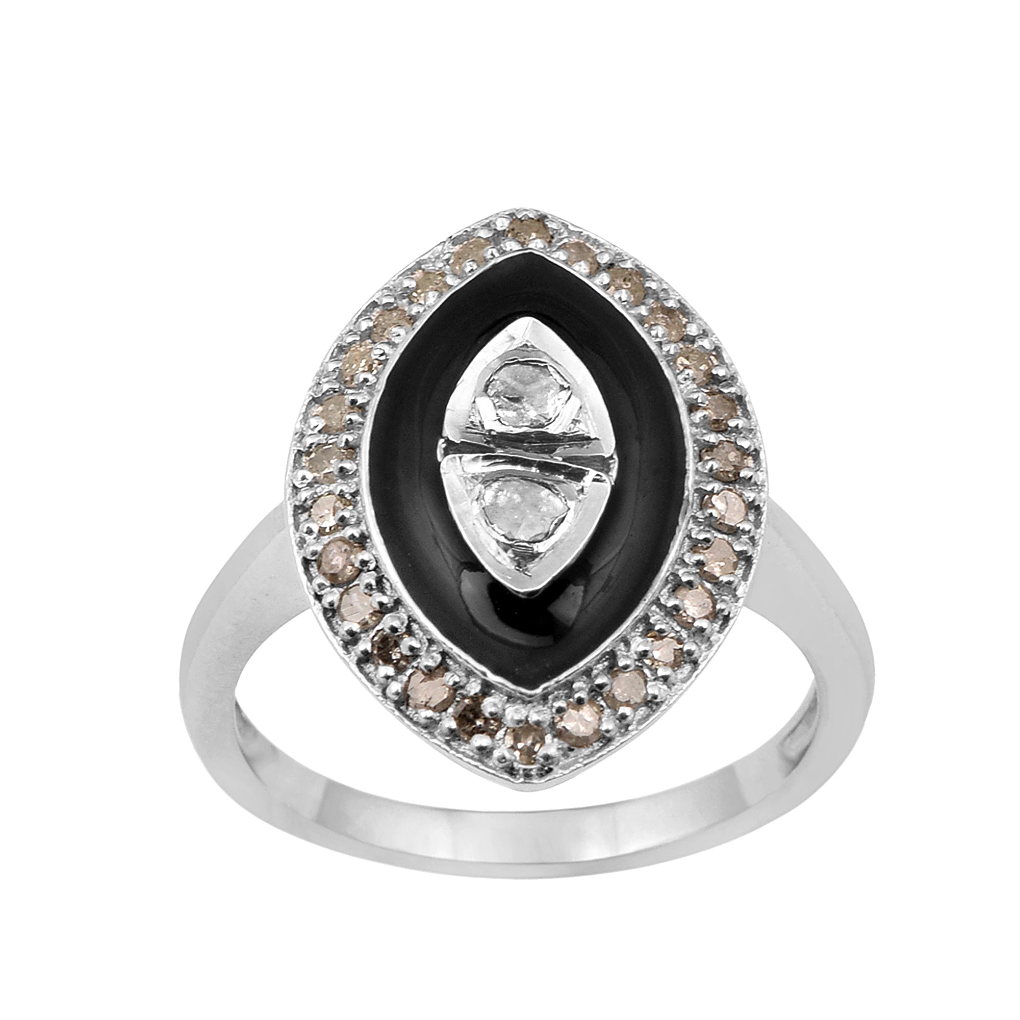 0.35 CTW Diamond Polki 925 Sterling Silver Black Enamel Cocktail Ring