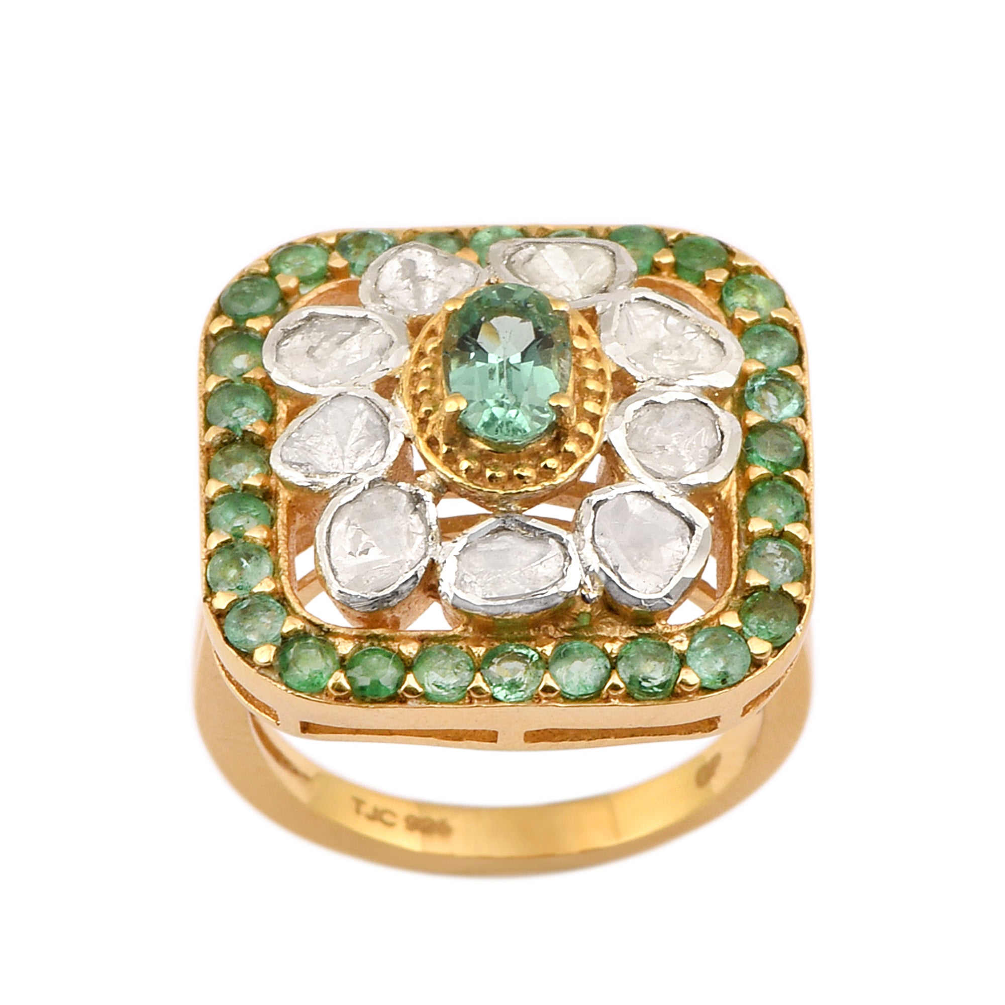 0.50 CTW Natural Diamond Polki Emerald Cocktail Ring