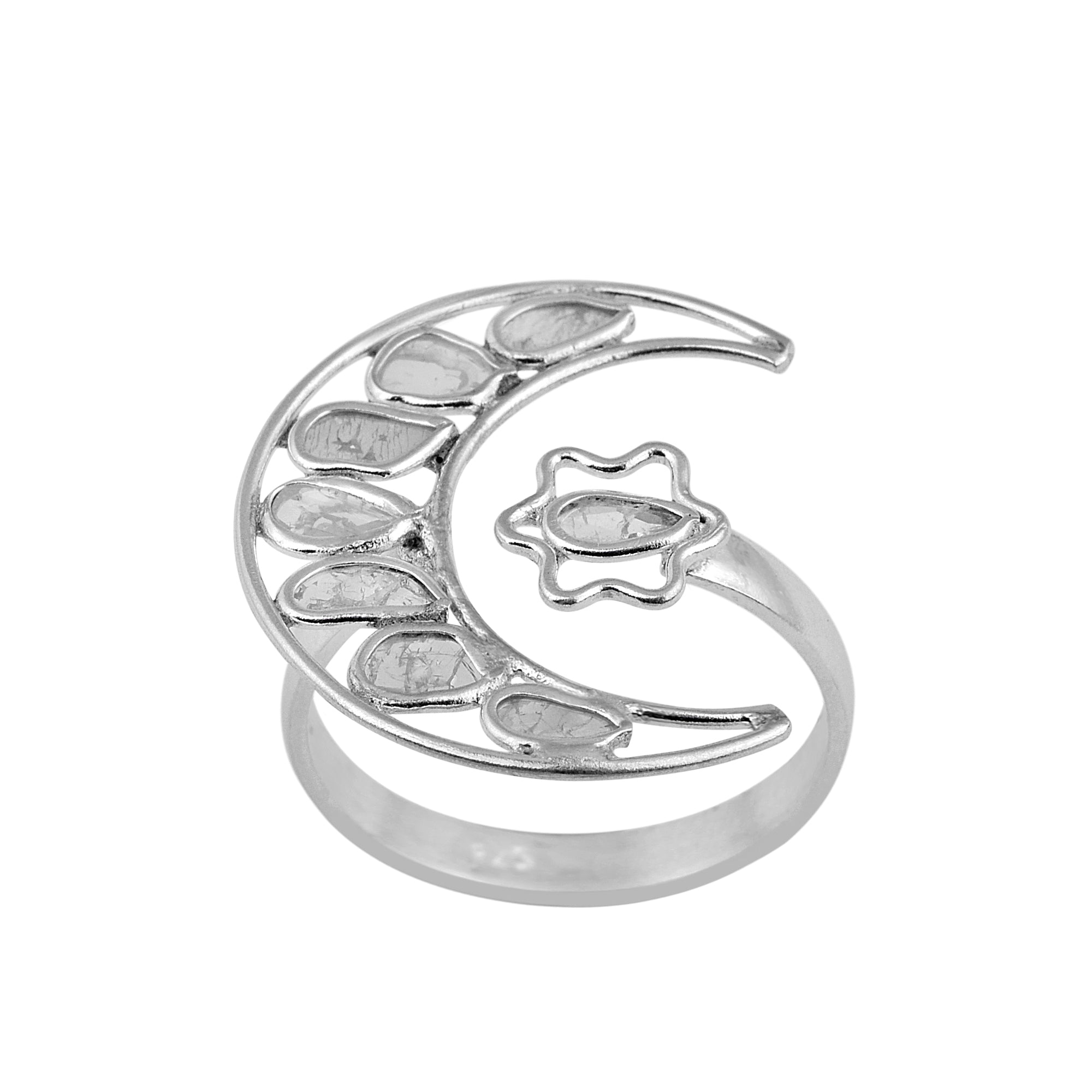 0.35 CTW Indian Artisan Crafted Polki Diamond Moon Star Ring 925 Sterling Silver Platinum Plated