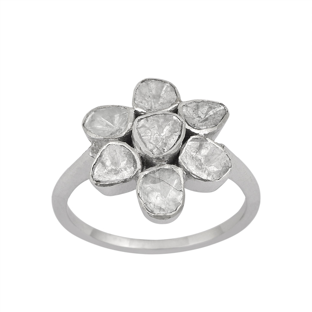 0.50 CTW Polki Diamond Floral 925 Sterling Silver Ring