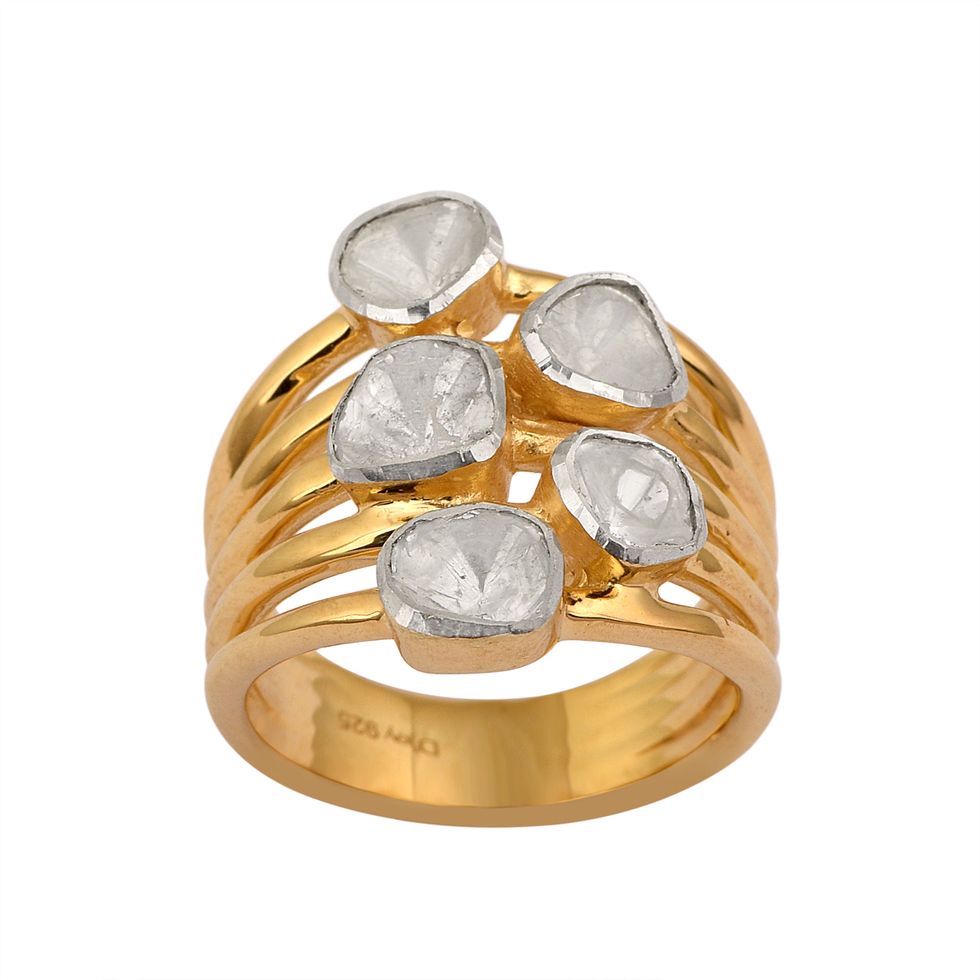 1.00 CTW Natural Diamond Polki Multi Band Ring 925 Sterling Silver 14K Gold Plated