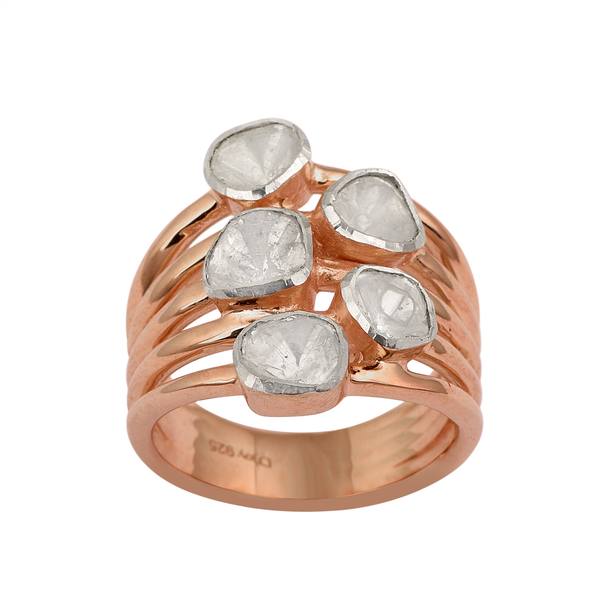 1.00 CTW Natural Diamond Polki Multi Band Ring 925 Sterling Silver 14K Rose Gold Plated