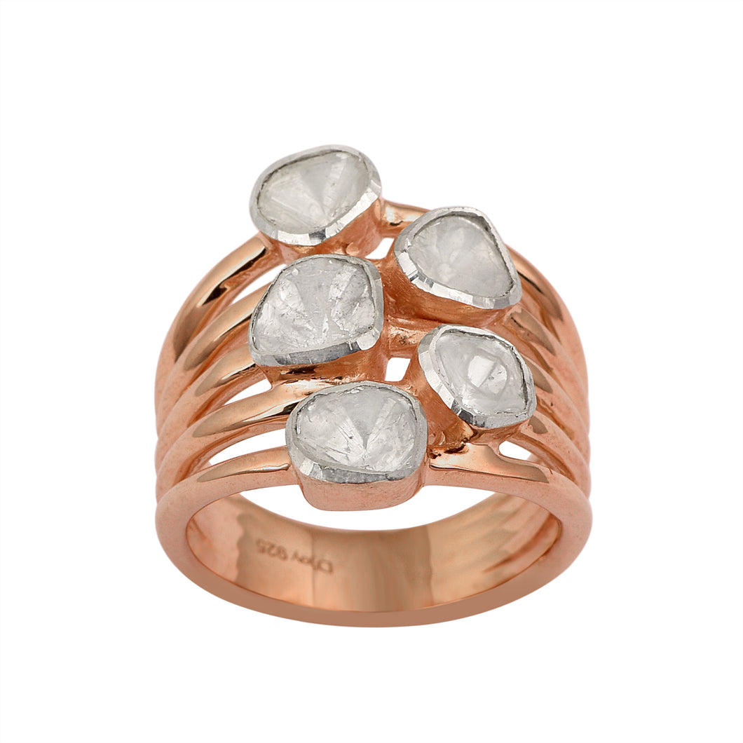 1.00 CTW Natural Diamond Polki Multi Band Ring 925 Sterling Silver 14K Rose Gold Plated